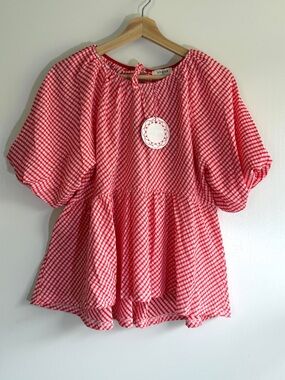 Umgee Womens Red Gingham Peasant Blouse